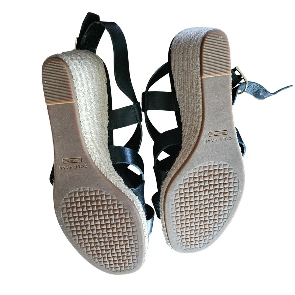 Cole Haan‎ Grand OS Black Leather Espadrille Wedge Sandals Criss Cross 8.5B